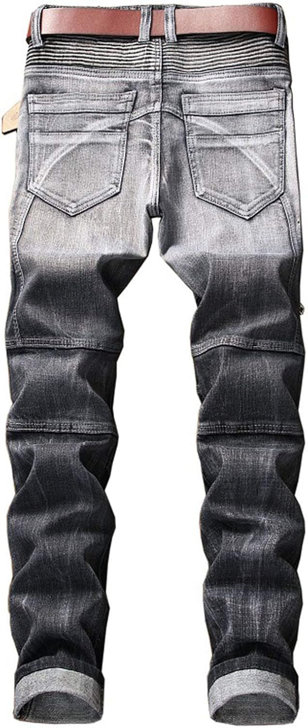 Men's Streetwear Pleated Ripped Stretch Biker Jeans Denim Pants