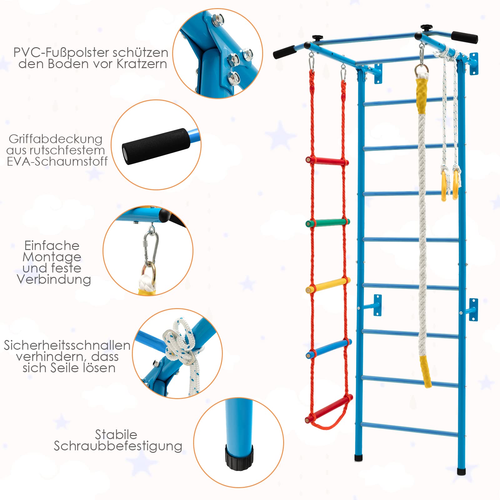 COSTWAY Kinder Kletterwand Sprossenwand Metall, Turnwand Gymnastikgerät Klettergerüst 107x83x223cm, Heimsportgerät für Kinder und Erwachsener bis 100kg