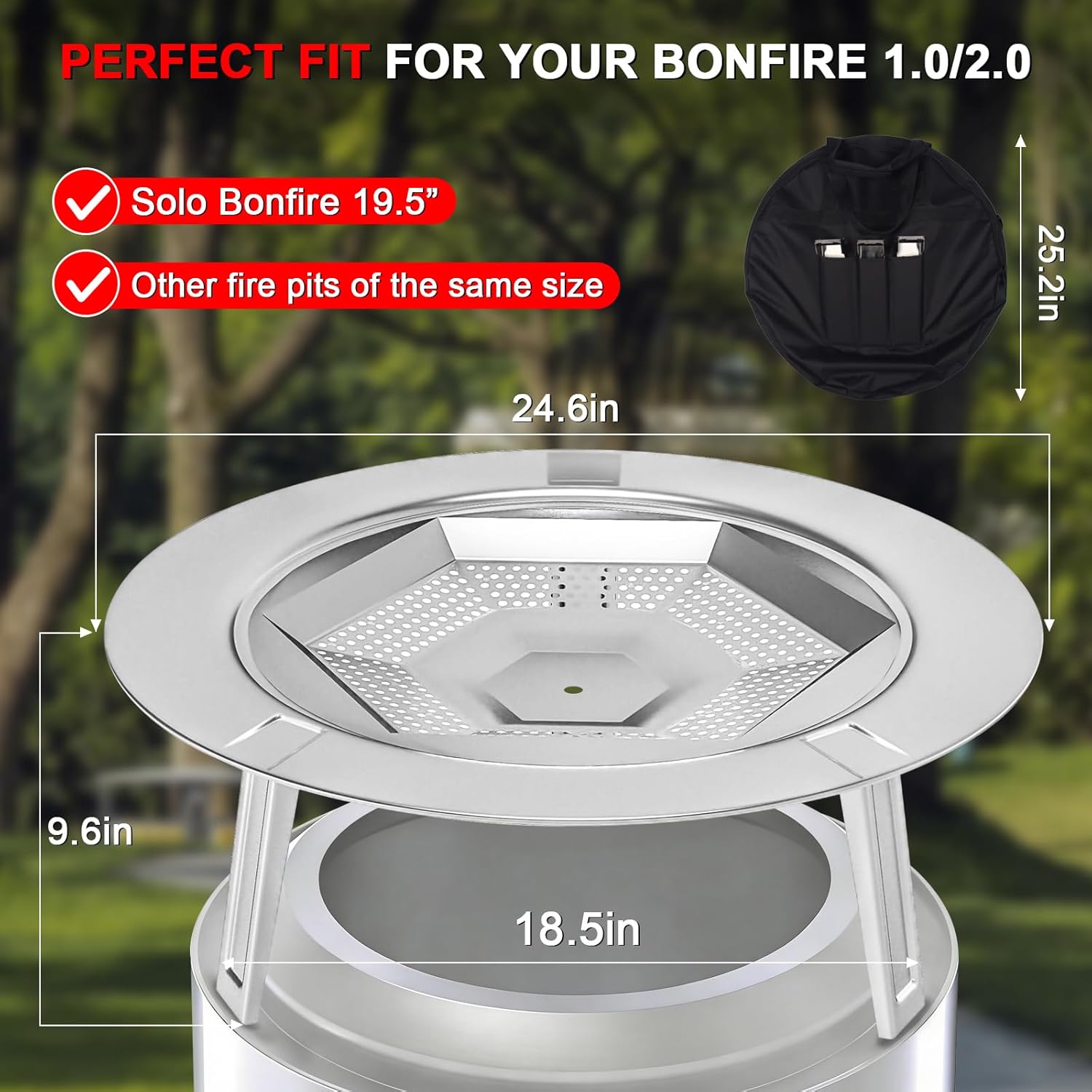 Heat Deflector for Solo Stove Bonfire 19.5", 304 Stainless Steel One-Piece Fire Pit Accessories with Detachable Legs, Handle & Portable Carry Bag, Heat Diffuser for Camping, Backyard