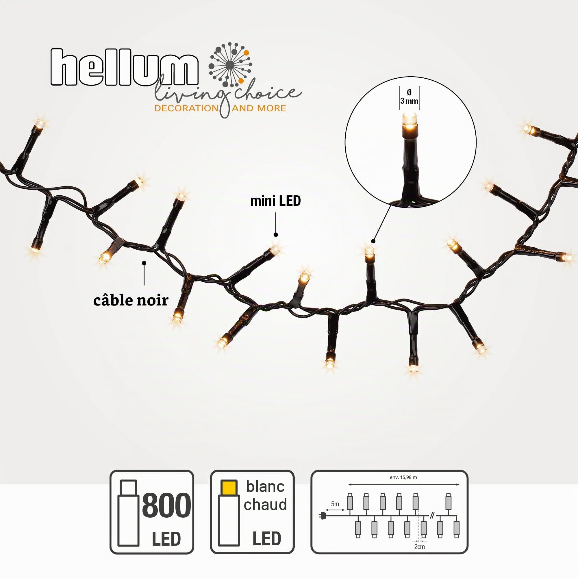 Hellum Guirlande lumineuse extérieure 800 LED blanc chaud, intérieure, guirlande lumineuse arbre de Noël, 15,98m < 59 lumens câble noir 151893