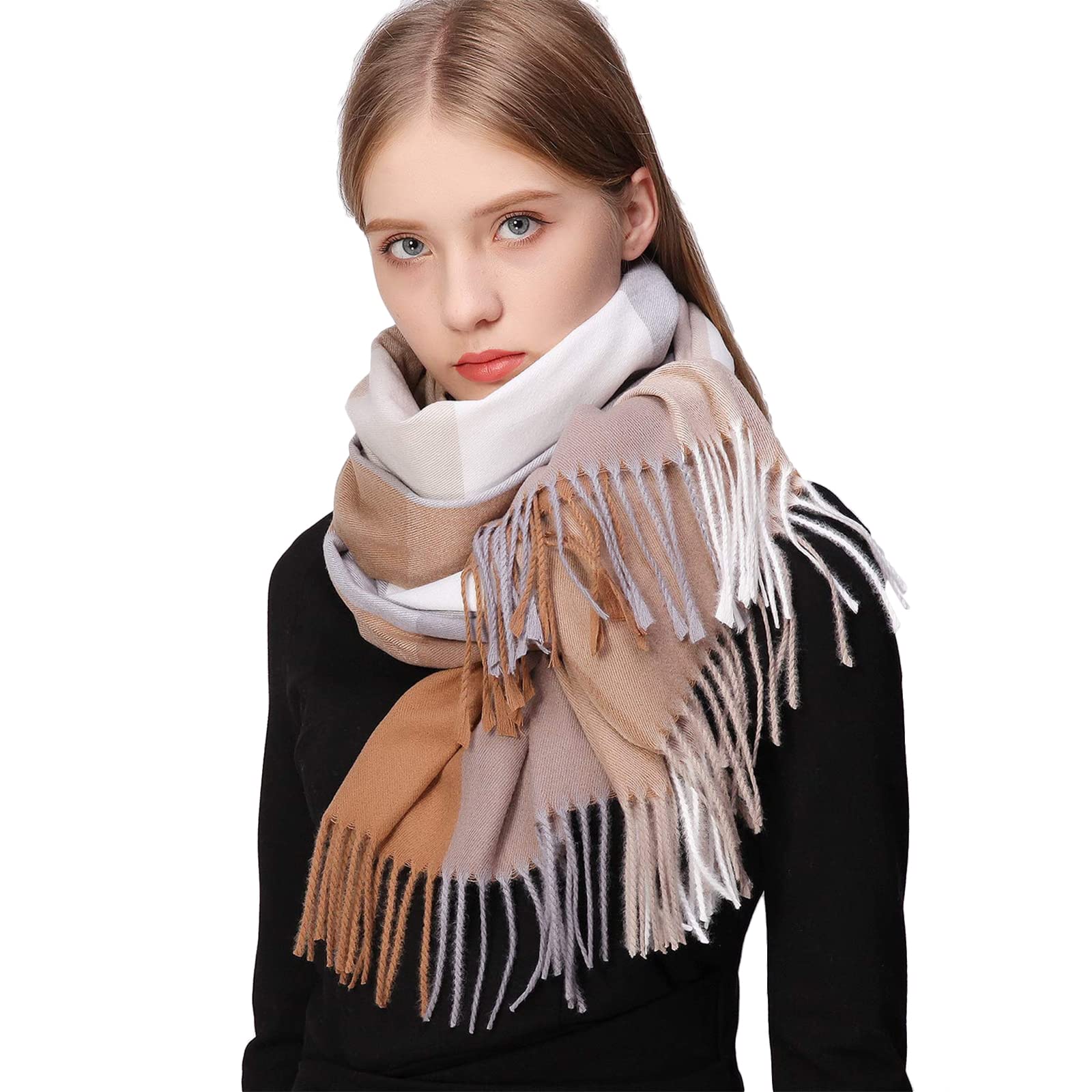 Riiqiichy Women's Light Brown Scarf Presents For Scarves Winter Tartan Blanket Scarfs Warm Pashmina Shawl Wraps