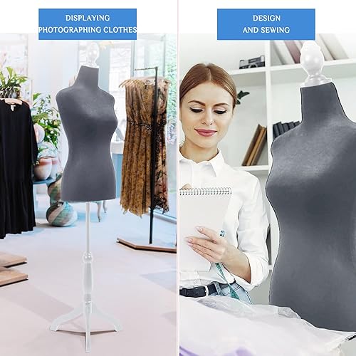 Miniatura 6 de Maniquí de costura femenina maniquí con soporte 50-63 pulgadas portátil ajustable para exhibición de ropa costura base de trípode de madera gris