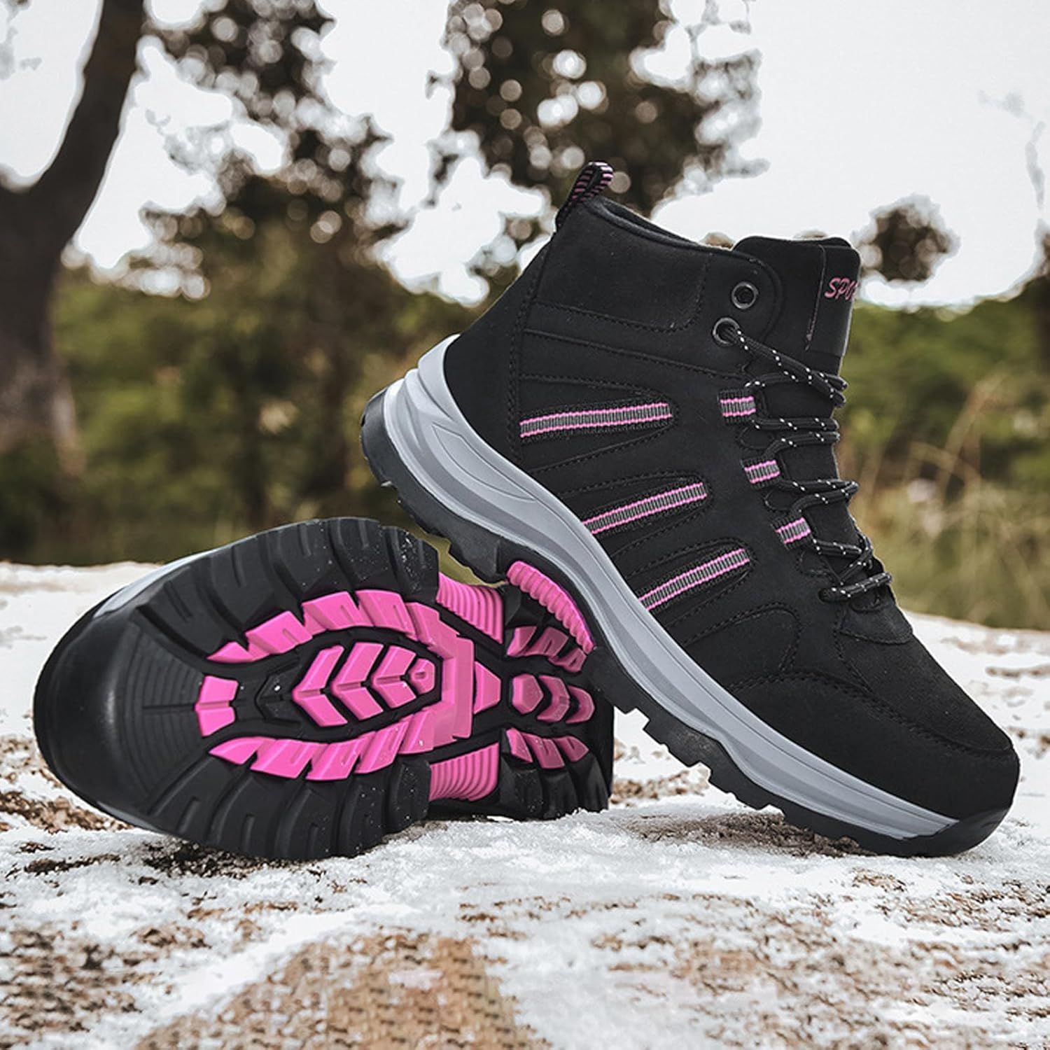 Women's Leather Warm Fur Lined Lug Sole Hiking Boots Lightweight Comfortable Anti-Slip Lace Up High Top Platform Soft Trekking Shoes Winter Casual Outdoor Walking Snow Ankle Boots - Image 3