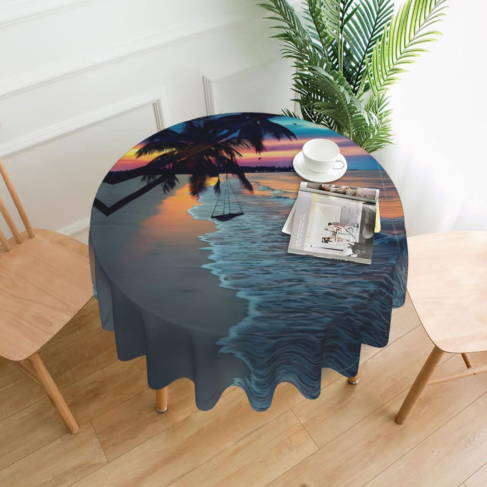 hhxvcv Coconut Beach Sunset Hammock Round Tablecloth – Dining Table Cover