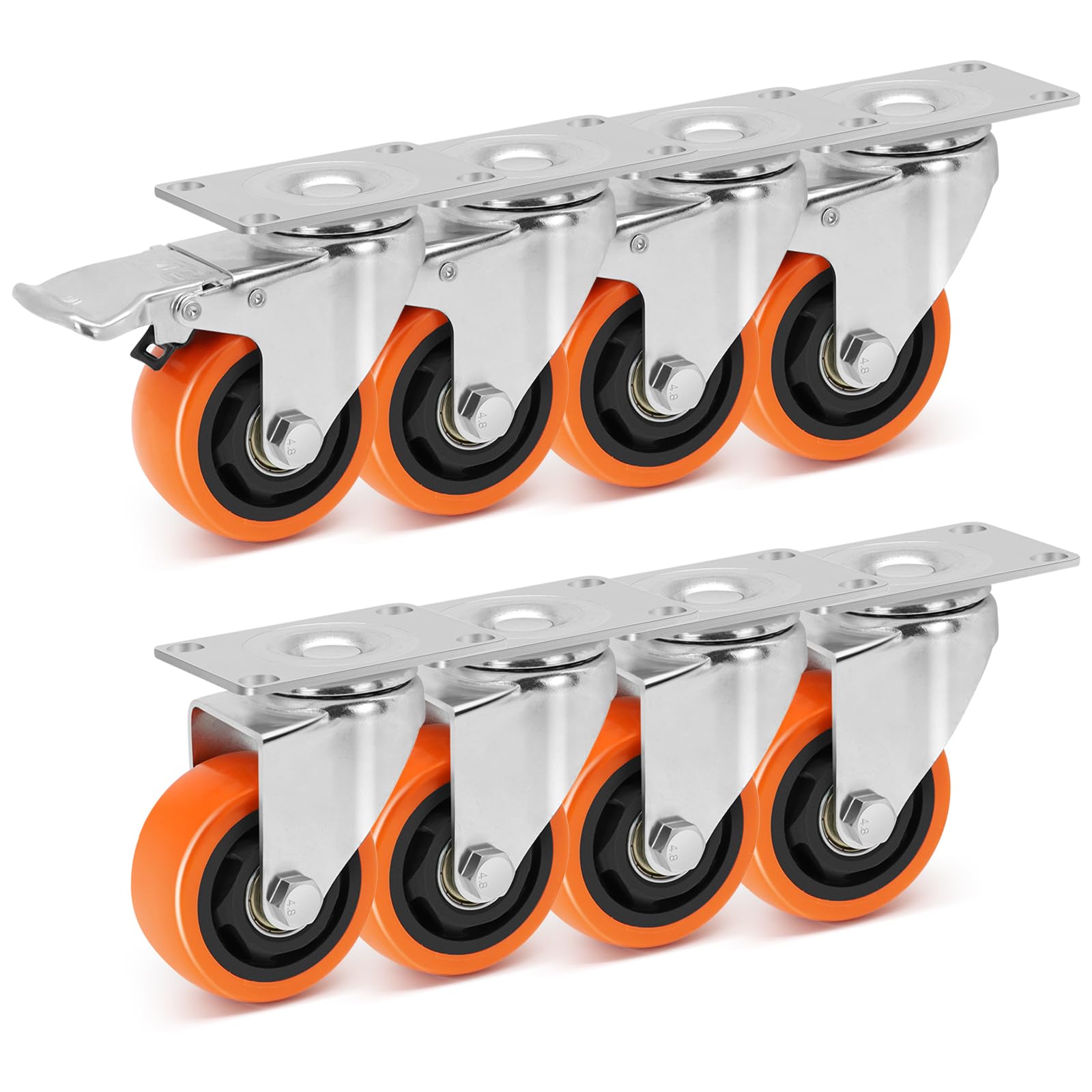 Sohnvwtgd 5 Wbd 3 Inch Swivel Caster Wheels With Brake, Safety Dual Locking Casters Set Of 8 Heavy Duty Plate Casters, Premium Polyurethane Wheels For Furniture And Workbench((Screws And Spanner)