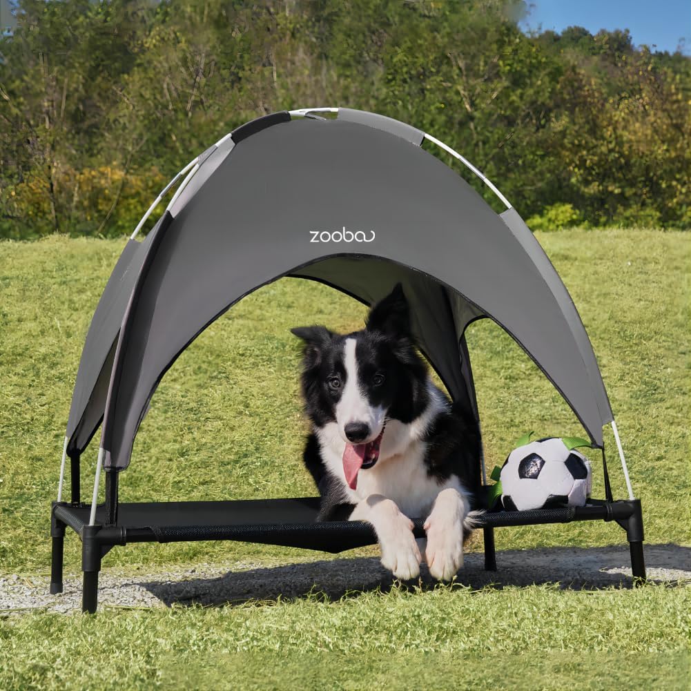 36.4" Elevated Outdoor Dog Bed with Canopy, Large Cooling Raised Pet Cot with Removable Sunshade for Camping, Deluxe 600D PVC with 2x1 Textilene Dog Bed Large: 36.4