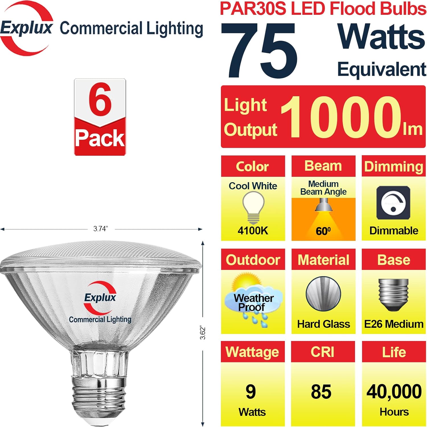 Explux Commercial-Grade LED PAR30 Short Neck Flood Light Bulbs, 75W Equivalent, 40000 Hours, Dimmable, Full-Glass Waterproof & Anti-Ageing, Cool White 4100K, 6-Pack