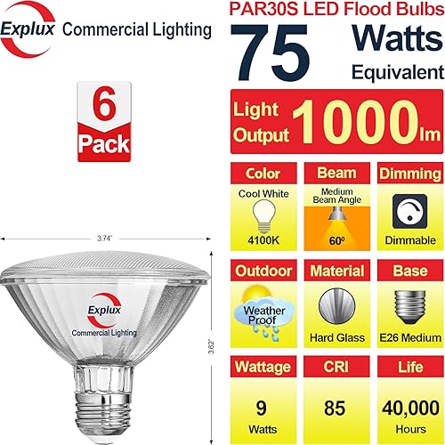 Miniatura 8 de Explux - Bombillas LED PAR30 de grado comercial de cuello corto, equivalente a 75 W, 40000 horas, regulables, de vidrio completo, impermeable y