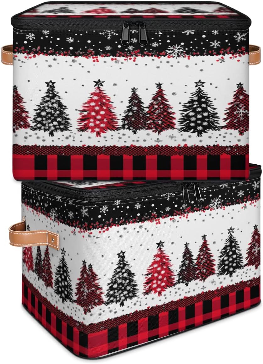 Storage Bin Set of 2 Snowflake Xmas Tree Plaid Storage Basket with Zipper Lid & Handle Foldable Closet Shelf 2 Pack Cloth Organizer Basket Cube Bins for Bedroom, Nursery