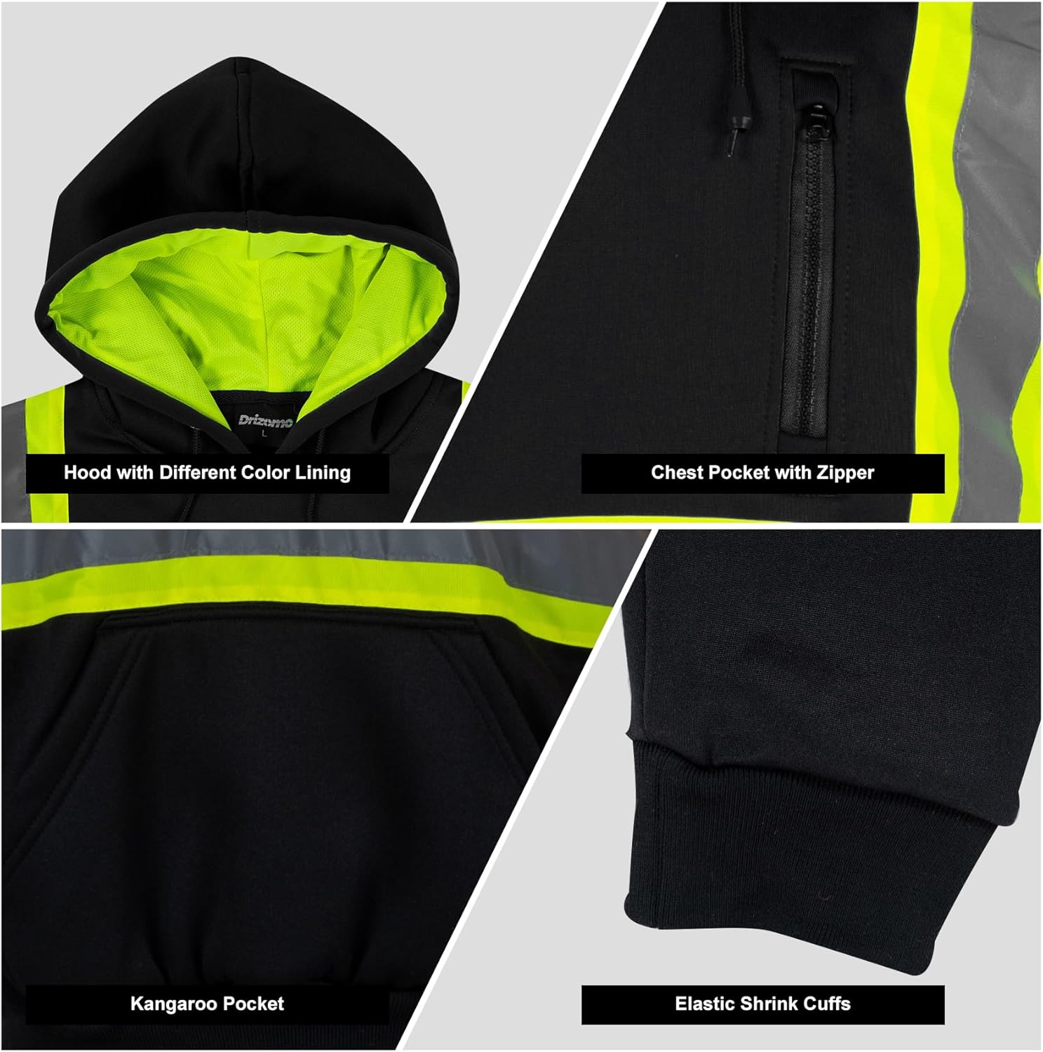 High Visibility Safety Fleece Hoodie for Men Reflective Sweatshirt ANSI Class 3 Hi Vis Pullover Hoodie Jacket - Image 6