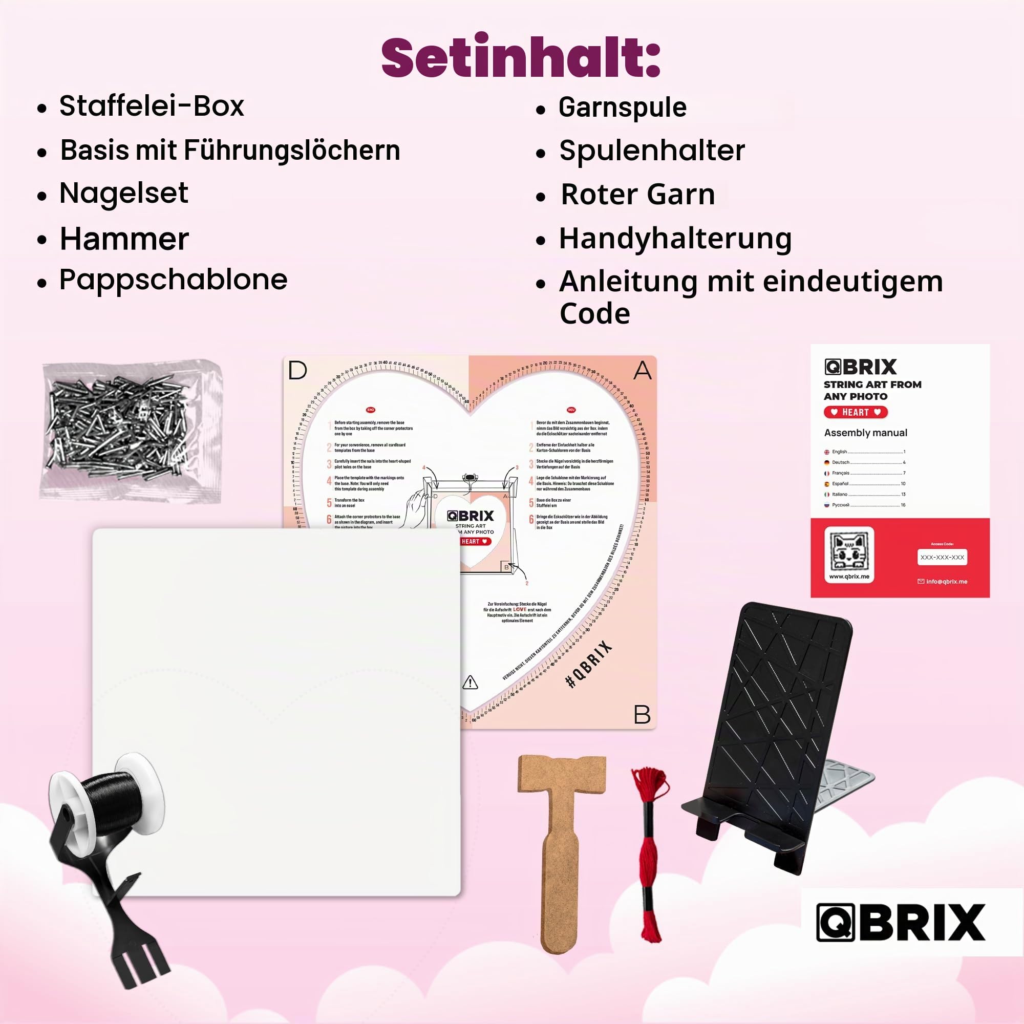 QBRIX Herz – String Art Fadenbild DIY | personalisiertes Geschenk | eigenes Foto als Garnbild | Wunschmotiv | Wandbild (Herz Form 50×50 cm)