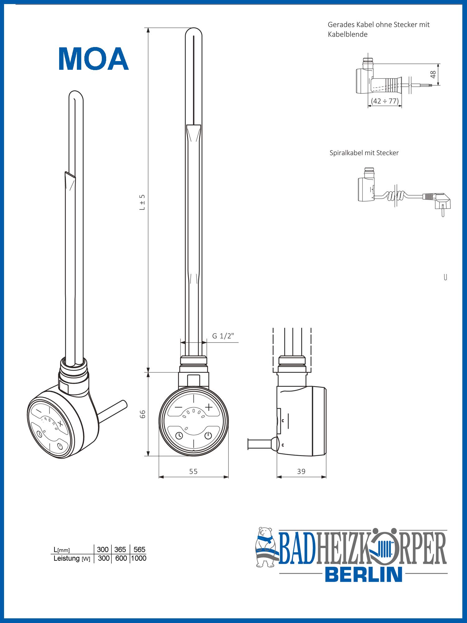 MOA Thermostat Heizstab, Heizpatrone, Heizelement 300 Watt (Weiß) Spiralkabel mit Stecker