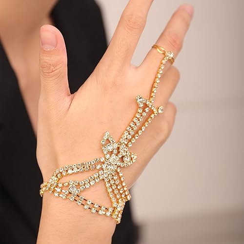 Miniatura 2 de YERTTER Elegante pulsera de eslabones de mariposa con diamantes de imitación de cristal plateado y dorado para boda, arnés de mano, anillos de dedo