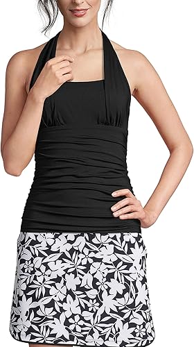 Lands' End Traje de baño tankini halter con cuello cuadrado resistente al cloro para mujer, color negro, torso largo, 16, Negro -