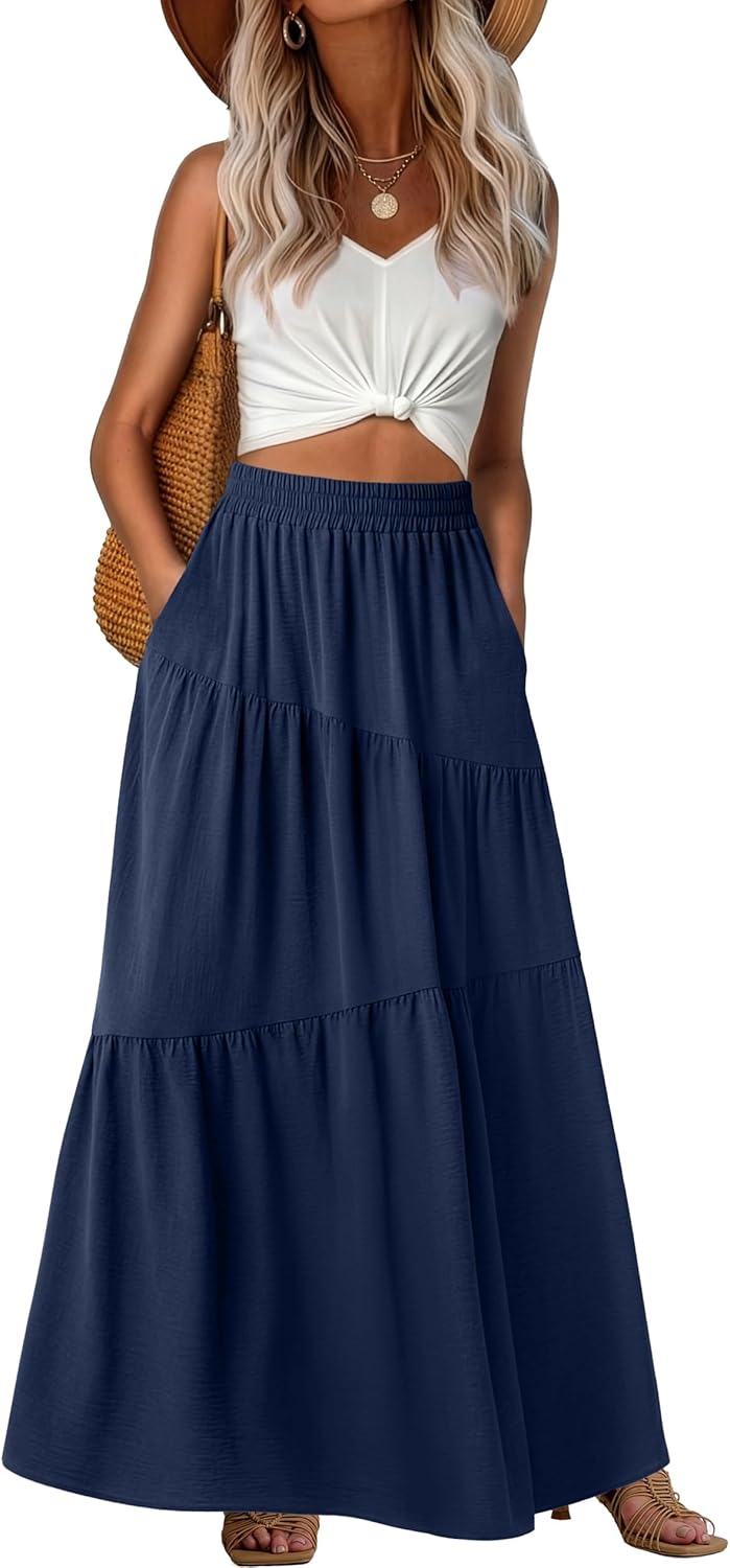 GRECERELLE Women's Boho Maxi Skirt Elastic High Waist Tiered A-Line Casual Summer Flowy Asymmetric Long Skirts with Pockets