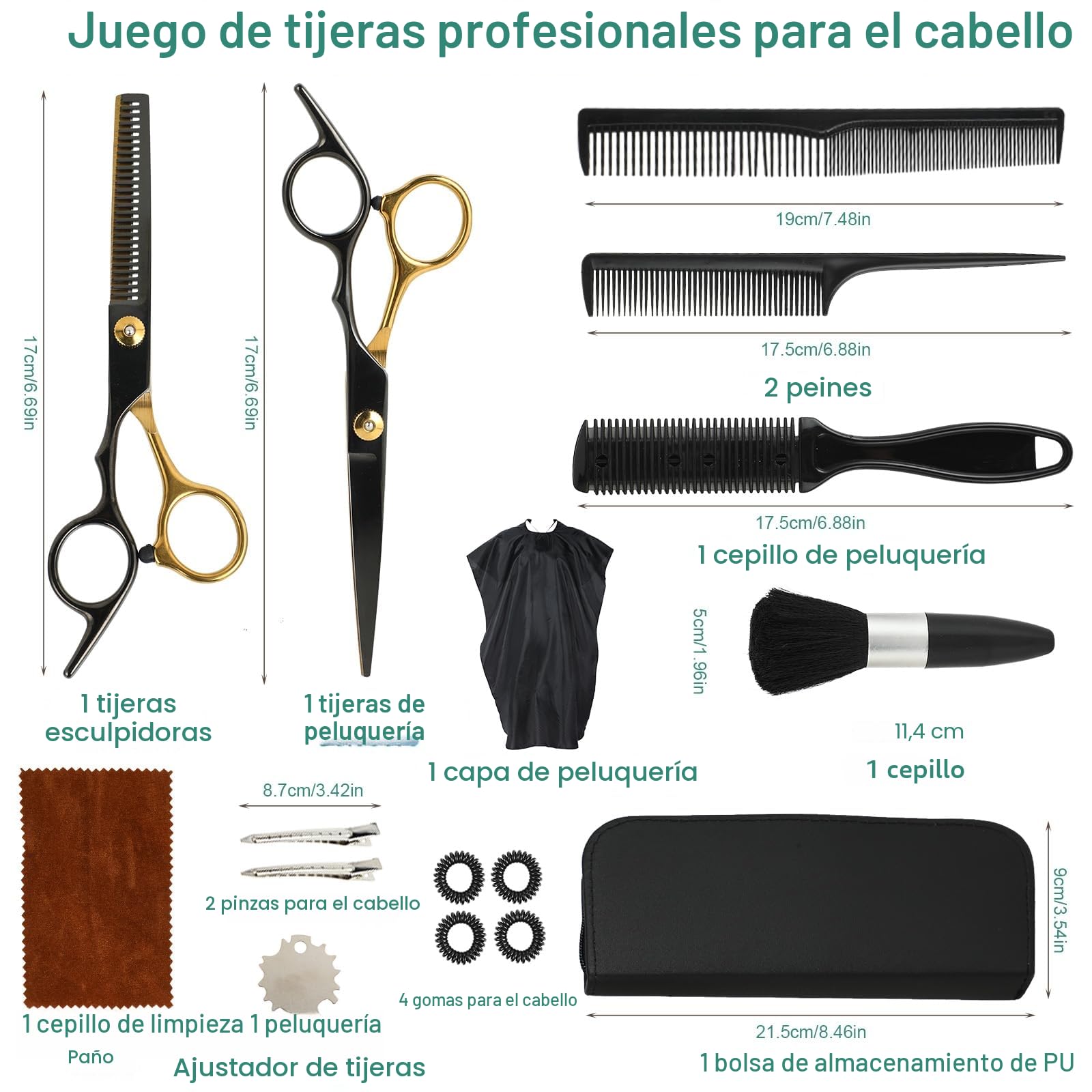 Set Tijeras Peluqueria Profesional 16 Piezas – Tijeras Pelo 6,7" de Acero 440C, Tijeras Cortar Pelo y Tijeras Barberia – Barberia Accesorios para Mujer, Hombre y Niños