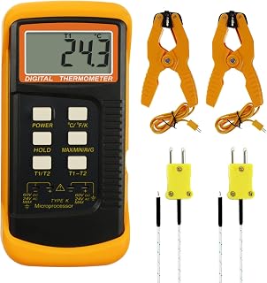 K Type Thermocouple Thermometer (-50~1300°C), Dual Channels Digital Thermometer with 2 Temperature Clamp 2 Wired Thermocouple Probes, High Accuracy Temperature Kelvin Scale Meter Tester