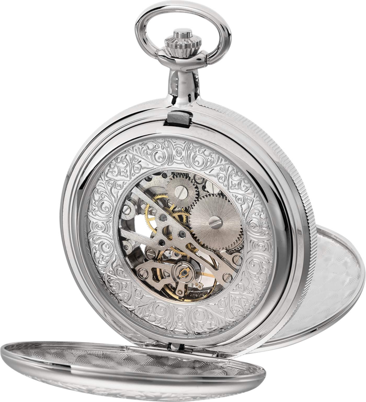 Eichmüller mechanische Edelstahl Skelett Taschenuhr Silber mit Kette und Etui, Handaufzug mit ca. 40 Stunden Gangreserve