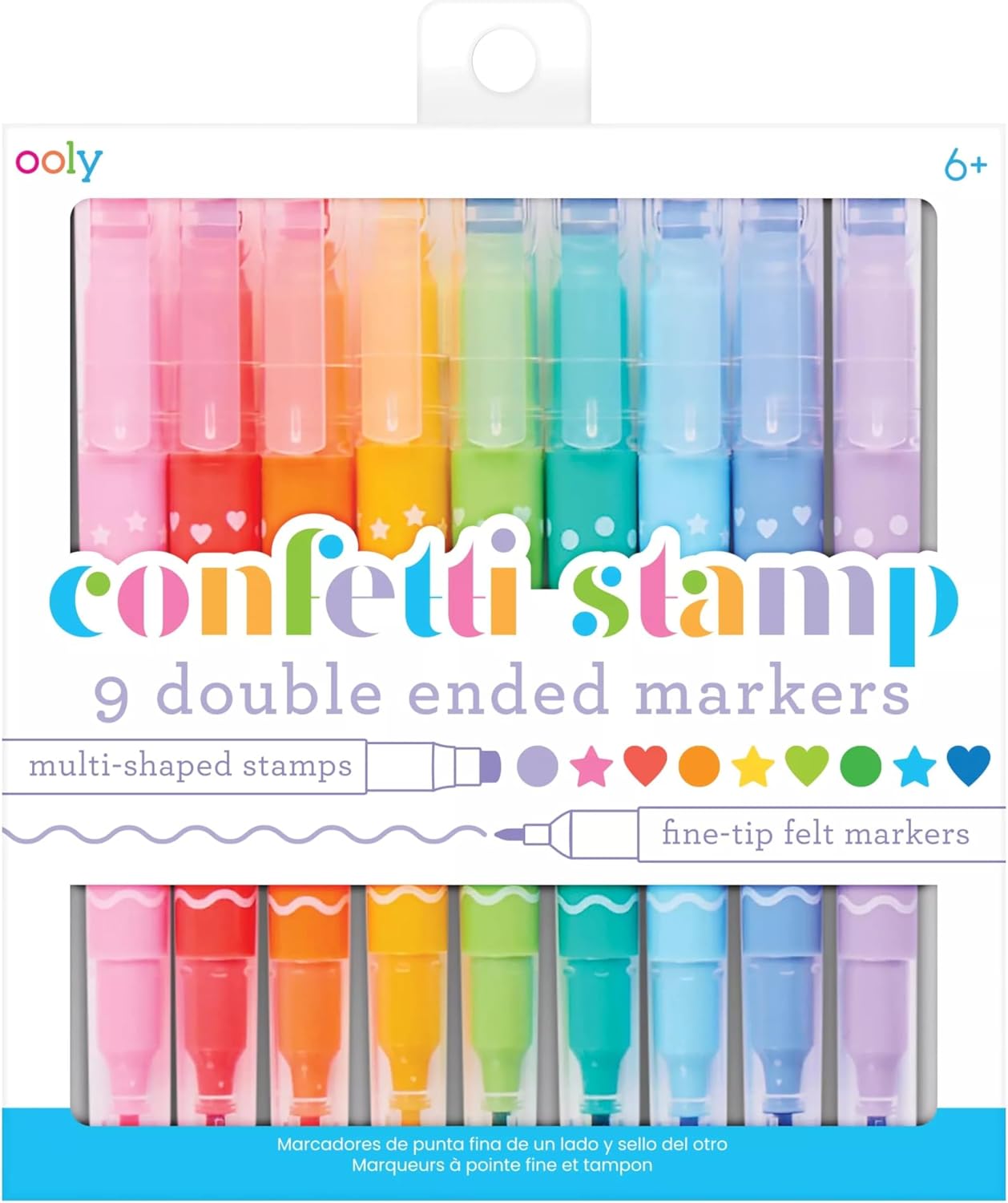 Ooly Confetti Stamp Double-Ended Markers Set of 9 - Double Ended Stamp Markers with Fine-Tip Felt Marker - Multi-Shaped with Stars, Hearts and More for Kids Ages 6 and Up