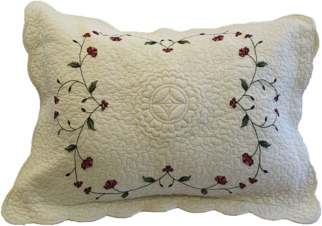 Nostalgia Tatum 100-Percent Cotton Fabric and Fill Embroidered Standard Pillow Sham with Dimensional Trapunto Quilting