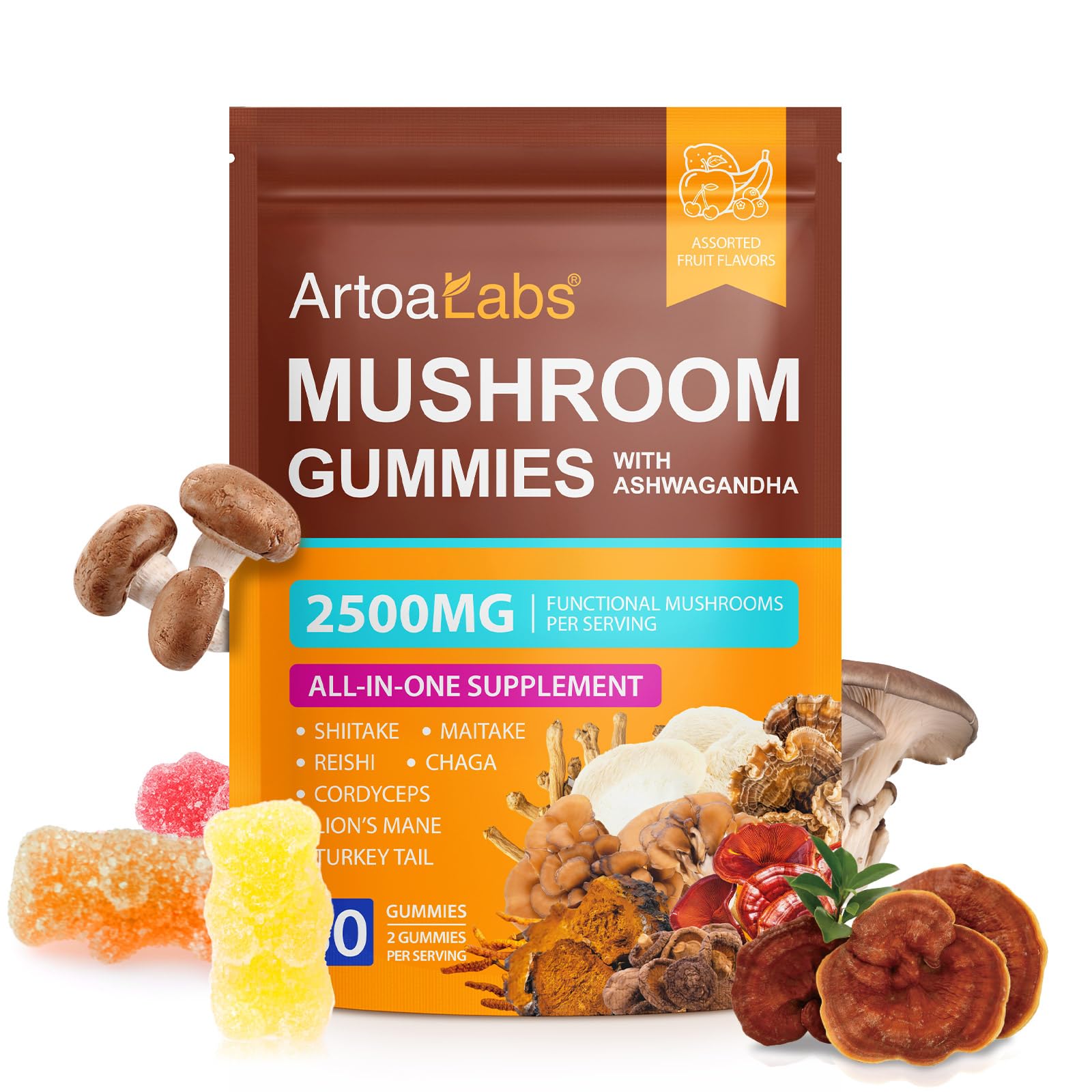 Mushroom Gummies 2500mg - Mushroom Supplement with Reishi Cordyceps Lions Mane Immune Support Focus Memory Energy Mushroom Complex