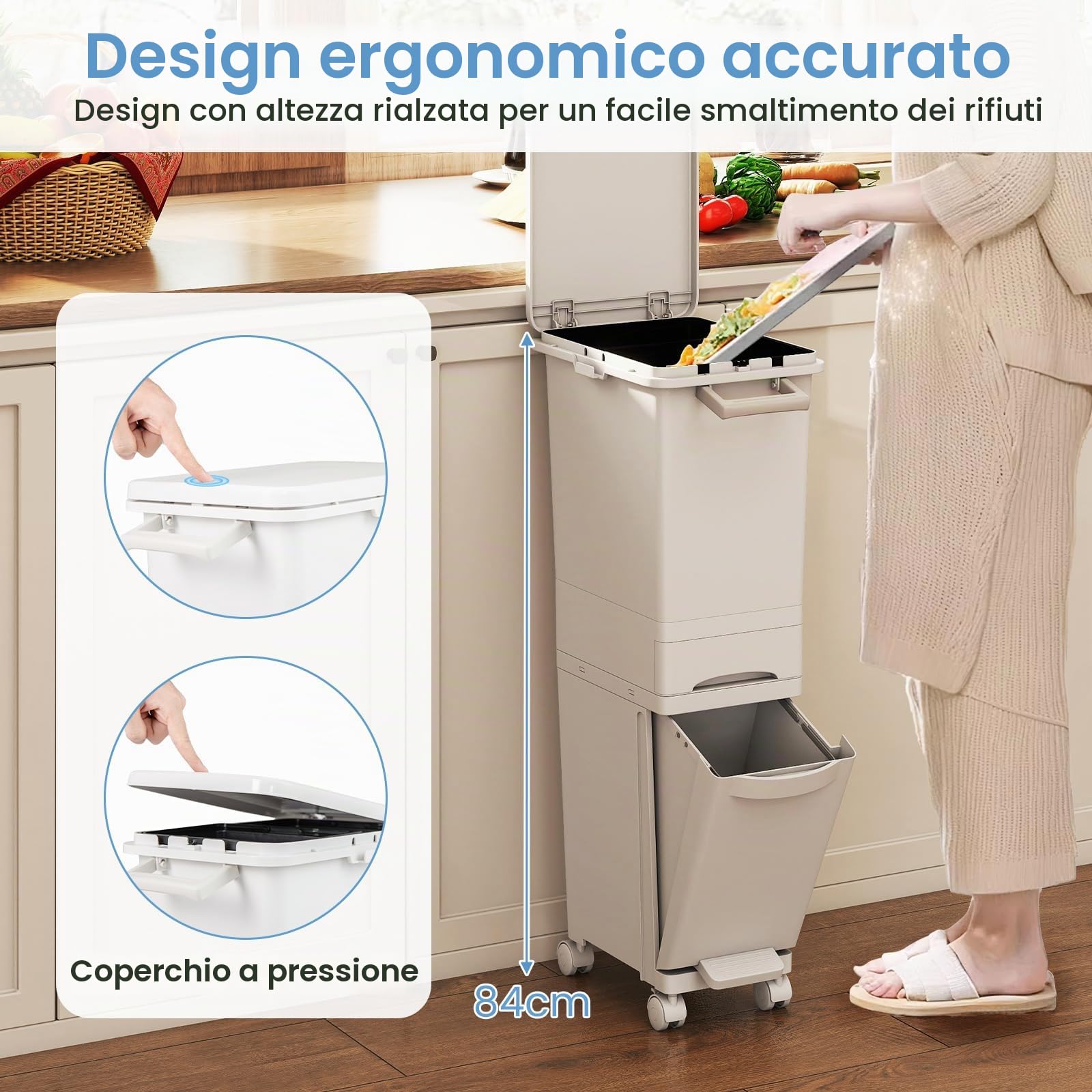 RELAX4LIFE Pattumiera con Raccolta Differenziata 32L, 3 Scomparti Interni, Cassetto e Apertura a Pedale, Maniglia, Gancio, Ideale per Uso Interno ed Esterno (BIANCO)
