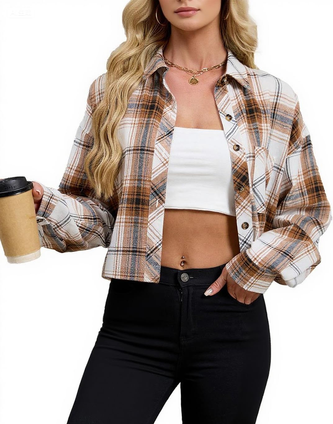 INFITTY Womens Flannel Jacket Cropped Shacket Plaid Jacket Button Down Coat 2026 Fall Fashion Trendy Outfits