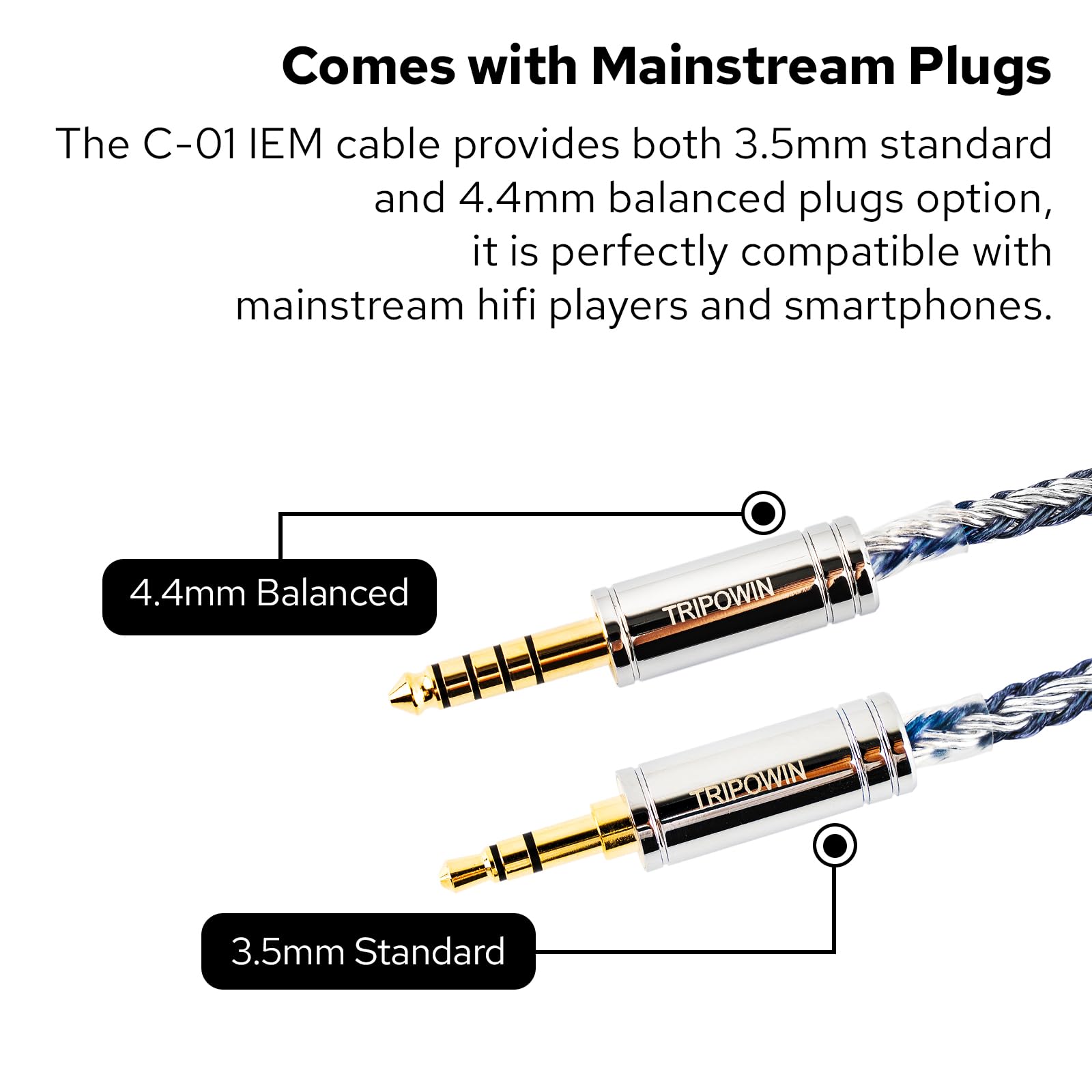 Linsoul Tripowin C-01 Cavo IEM, cavo per cuffie ibrido rame-argento a 16 conduttori, cavo di ricambio HiFi in rame OFC e argento per cuffie cablate (2Pin, 3.5mm)
