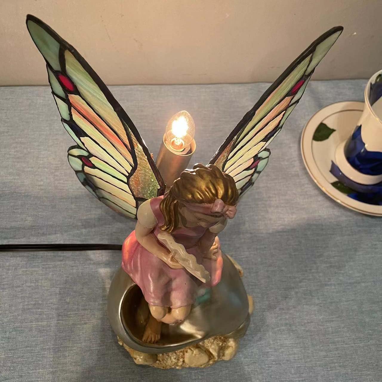 Bieye L10881 Butterfly Girl Sitting on Sea Snail Shell Tiffany Style Stained Glass Accent Table Lamp Night Light for Home Decoration