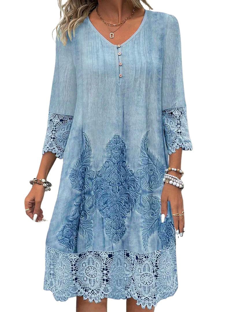 utcoco Womens V-Neck 3/4 Sleeve Summer Dress 2025 Fashion Flower Print Lace Hollow Out Mini Dress