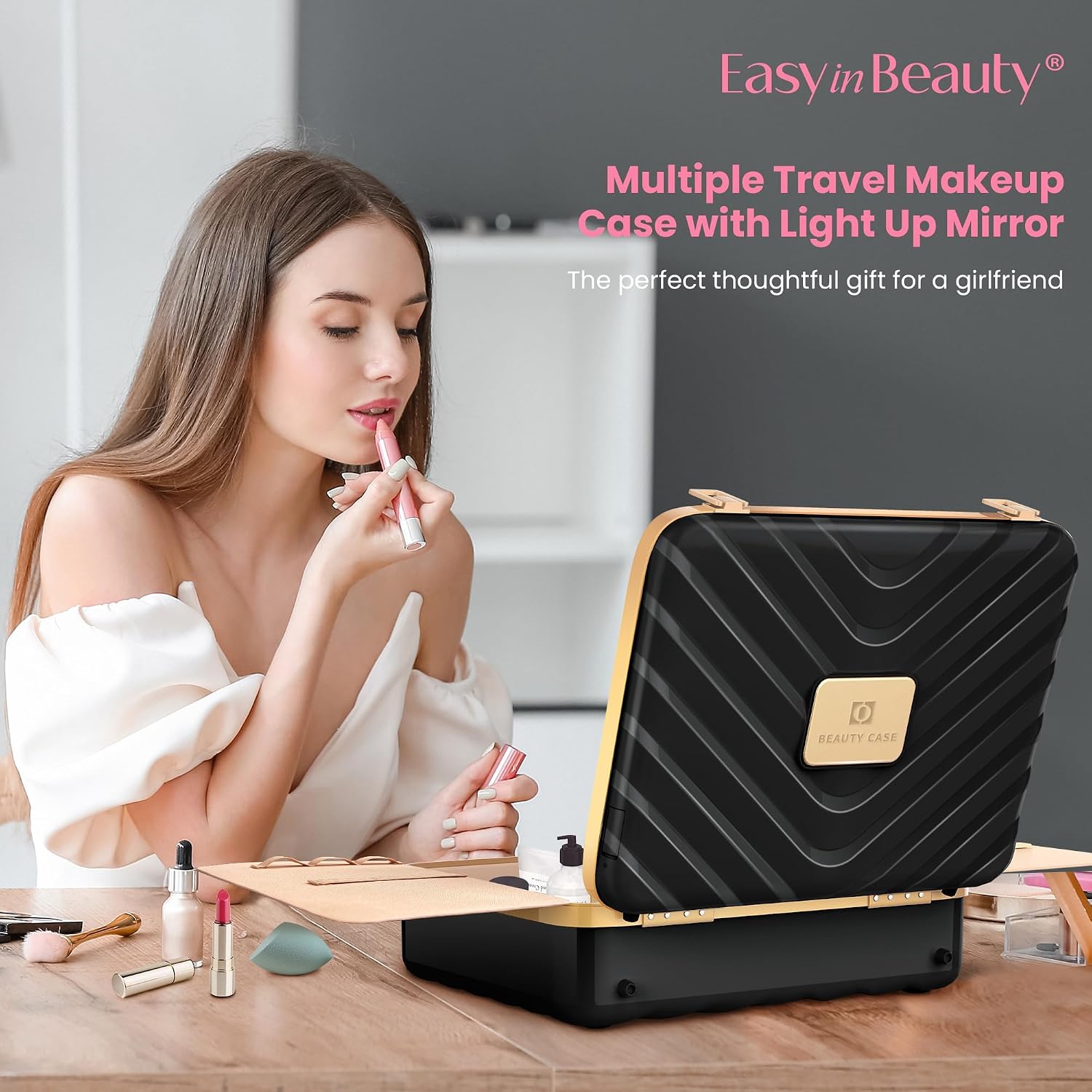 EASYINBEAUTY Makeup Travel Case with LED Lighted Mirror, Lightweight Travel Makeup Organizer Case with Adjustable 3 Color Modes, Portable Makeup Storage Box for Girls, Women & Makeup Artist, Black
