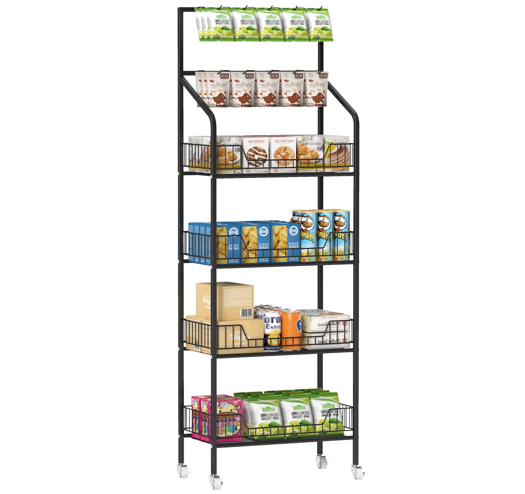 Nisorpa 4 Tier Supermarket Retail Display Racks,Commercial Metal Candy Snack Display Racks with Wheels Potato Chips Drink Display Rack Stand for