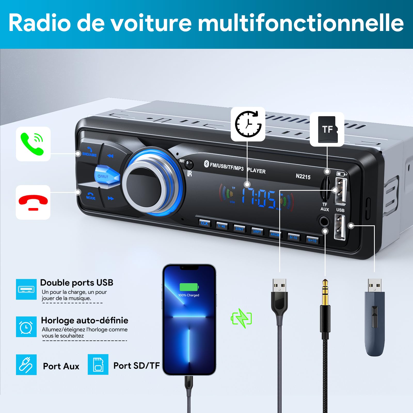 Autoradio Bluetooth Main Libre 5.0, FM Poste Radio Voiture Bluetooth, Autoradio 1 Din pour 9-12V Voiture Supporte 2 USB/AUX/SD/TF/MP3, Supporte iOS/Android