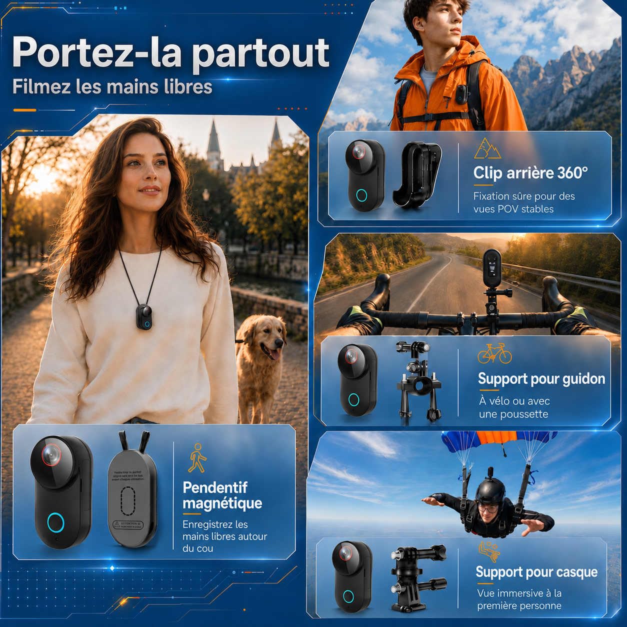 T71M Caméra Sport 4K, Mini Caméra POV avec EIS 6 Axes, Grand Angle 154°, Carte 64 Go,Étui de Charge, Pendentif Magnétique, Supports Guidon et Casque, Caisson Étanche 30m
