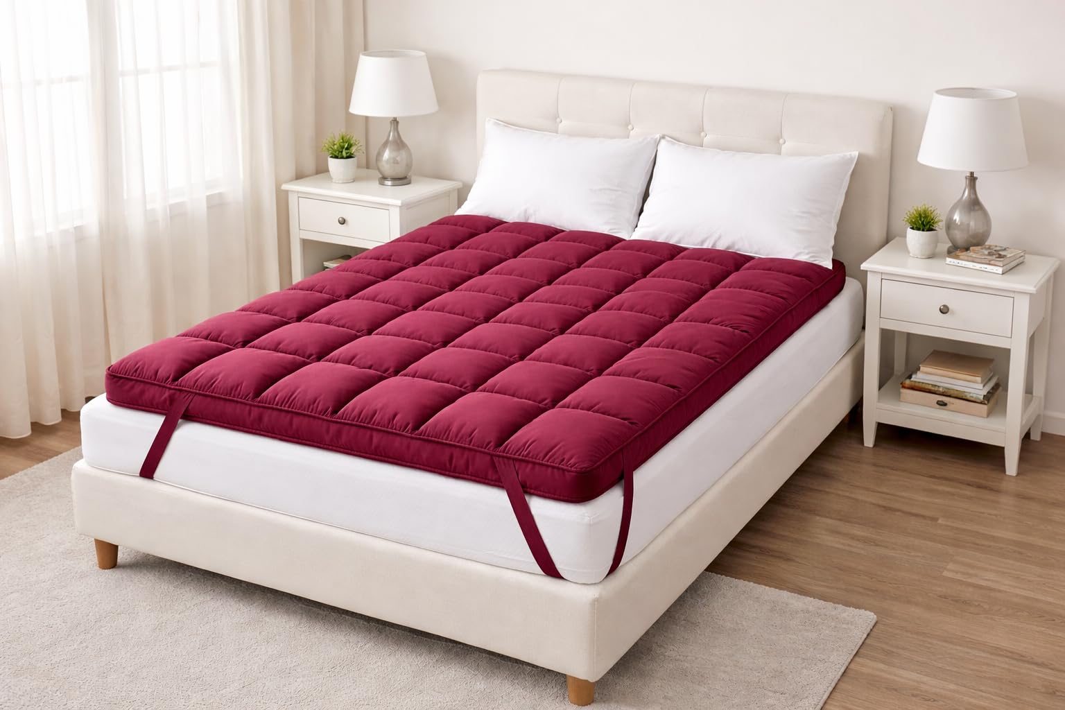 2000 GSM Ultra Thick Premium Mattress Topper | Extra Plush Quilted Bed Topper with Deep Pocket & Elastic Straps | Soft, Breathable & Back Support | Maroon | King Size (72 x 78 Inch)-image-3