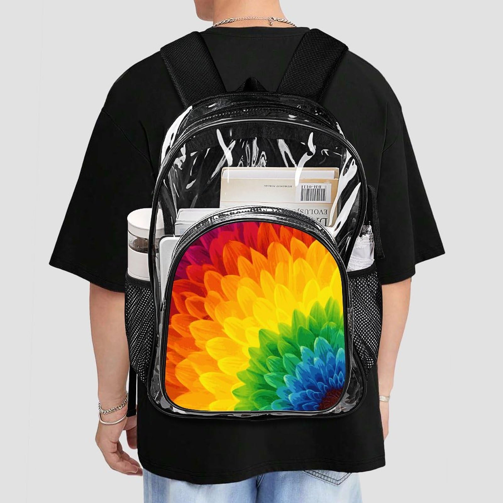 Transparenter Rucksack mit Sonnenblumen-Motiv, groß, transparent, PVC, Büchertasche für Sicherheit, Arbeit, Reisen, Stadion
