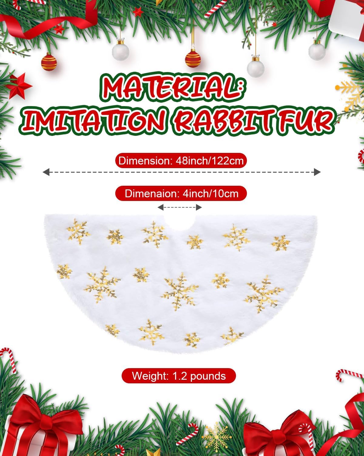 Christmas Tree Skirt 48 Inches, Faux Fur White Tree Skirt with Gloden Snowflakes, Soft Thick Christmas Tree Mat for Xmas Tree Decor, Large Tree Skirts for New Year Merry Christmas Tree Decorations