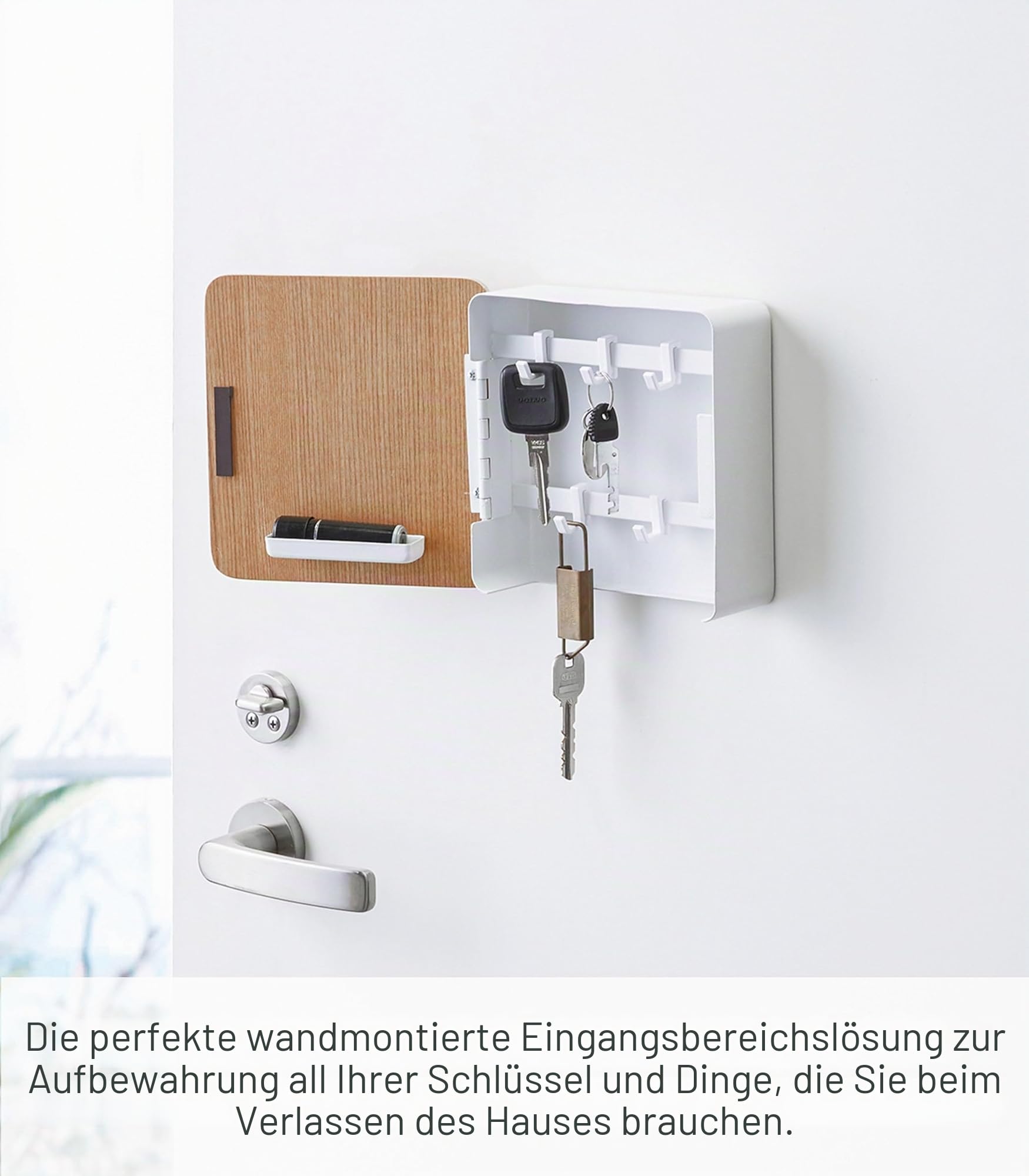 YAMAZAKI RIN Magnetischer Schlüsselkasten aus Stahl - mit Abdeckung aus Sperrholz, mit 5 Schlüsselhaken, Schraubmontage - 5,7 x 15,8 x 15,8 cm, Japanisches Design, weiß