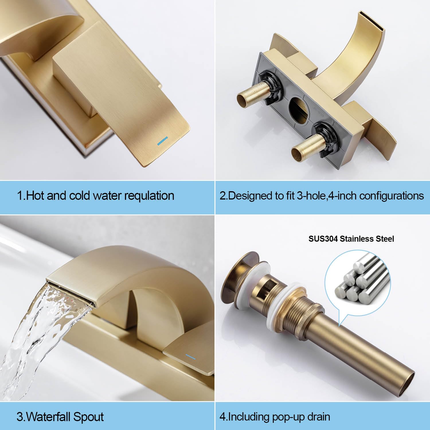 BANGPU 4 Inch Centerset Waterfall Bathroom Faucet 3 Hole 2 Handle Vanity Sink Faucet Modern Lavatory Sink Faucet 3 Hole Faucet with Overflow Pop-up Drain, Brushed Gold