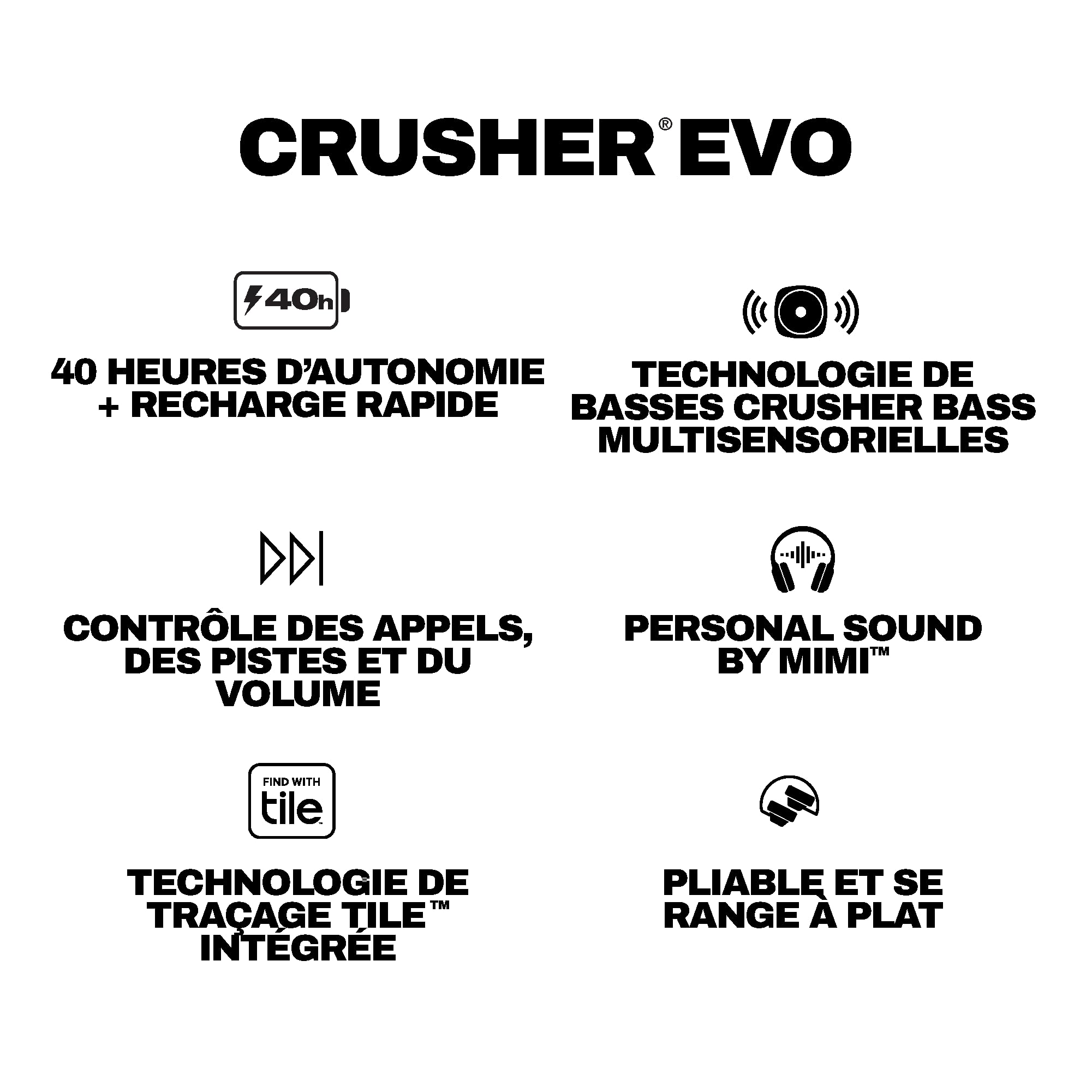 Skullcandy Crusher Evo Casque sans Fil Bluetooth, Câble de Recharge USB-C Supplémentaire, Basses Multisensorielles, Circum-Auriculaire, Isolation du Bruit, 40 Heures d'Autonomie - Noir