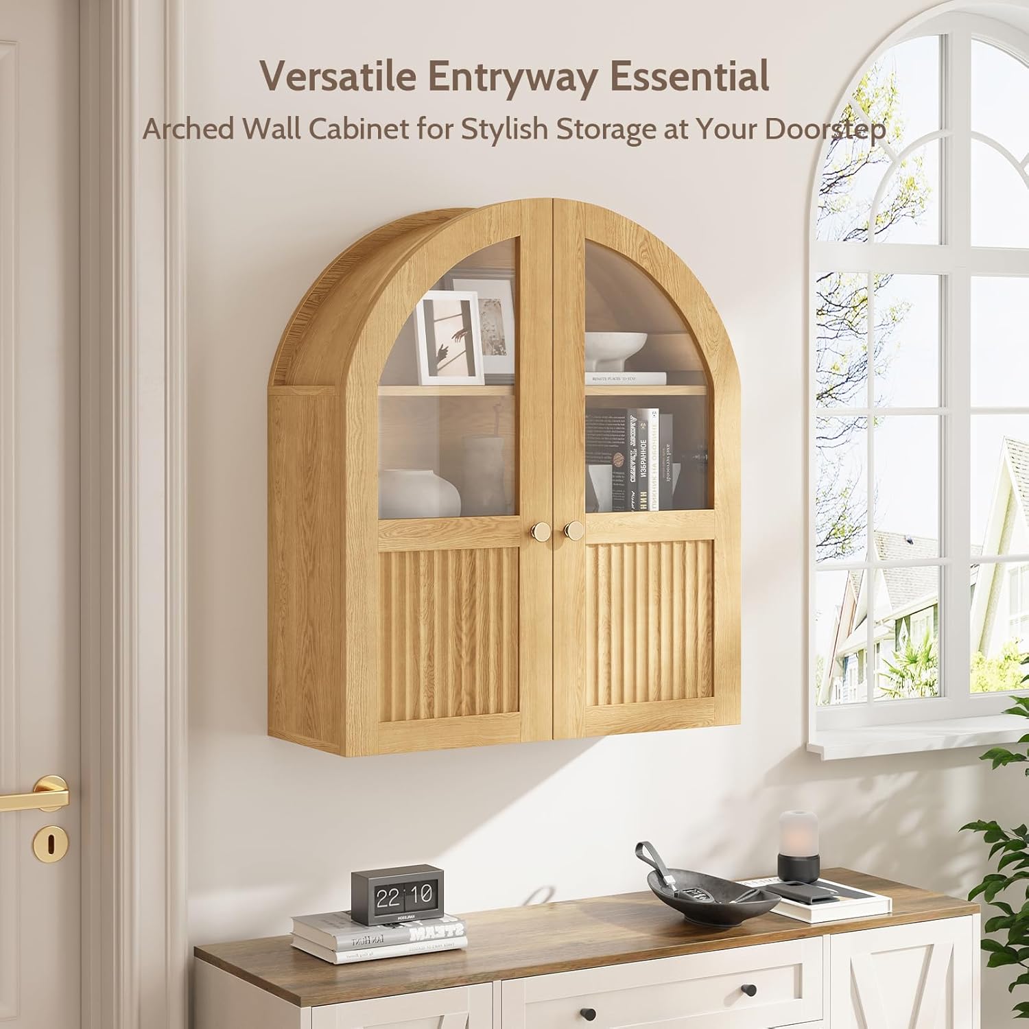 Arched Bathroom Wall Cabinet, 24 x 28 Inch Over The Toilet Storage Cabinet with Glass Door, Fluted, Adjustable Shelf, Wall Mounted Floating Wooden Medicine Cabinets for Bathroom Laundry Room, Natural