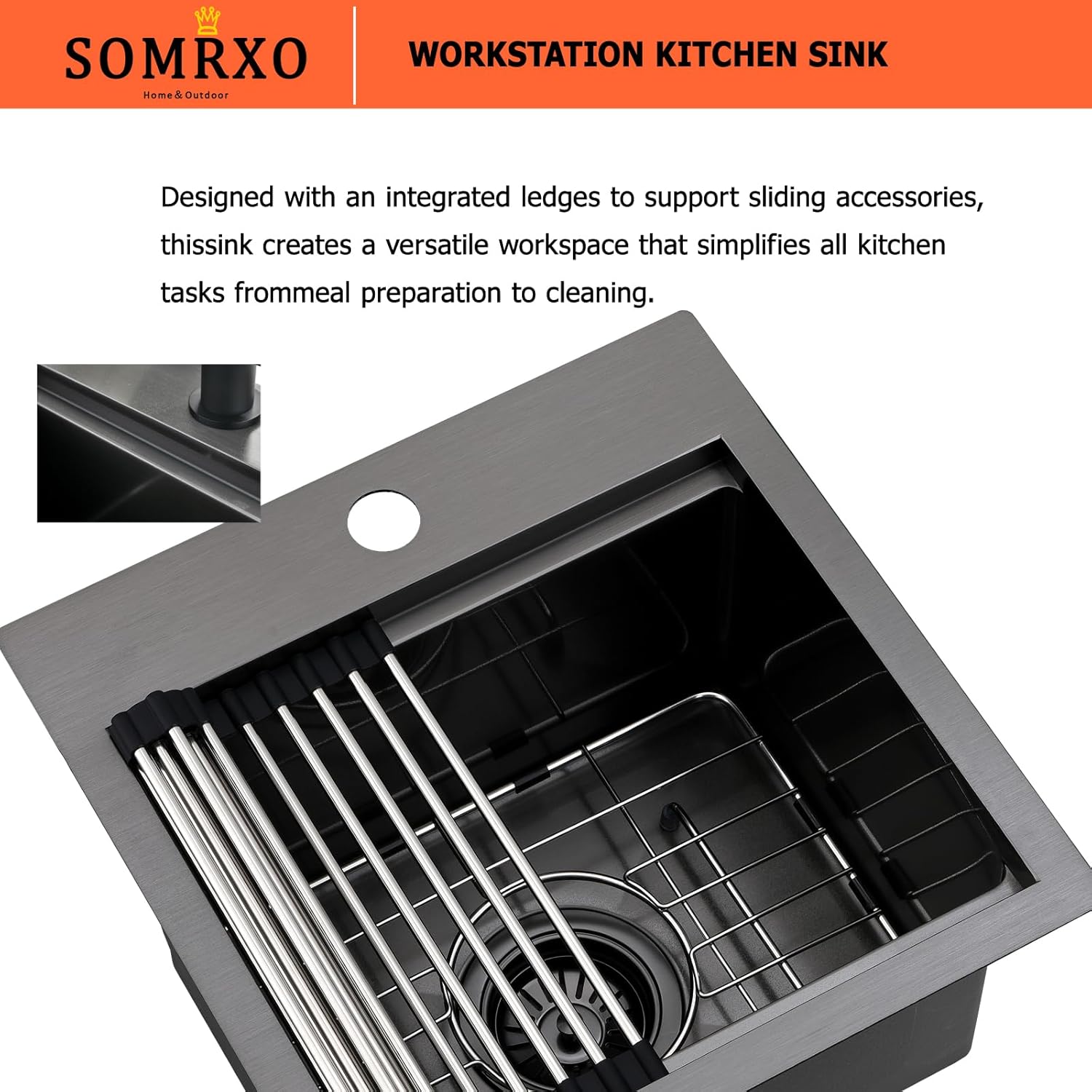15x15 Black Bar Sink Drop In - 16 Gauge Black Stainless Steel Small Kitchen Sink, 9" Deep Single Bowl Workstation Sinks with Accessories for RV, Outdoor Kitchen & Wet Bar