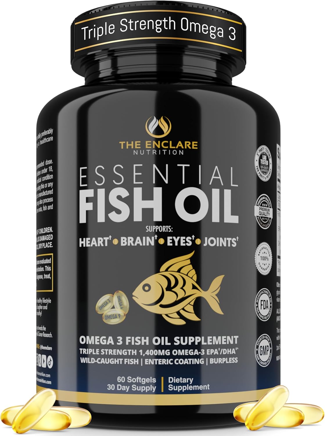 Fish Oil Supplement Omega 3 for Women & Men – Triple Strength 1,400mg Omega-3 EPA/DHA - Burpless Wild-Caught Omegas 3-6-9 for Heart, Brain, Eye & Joint Support – 60 Softgels
