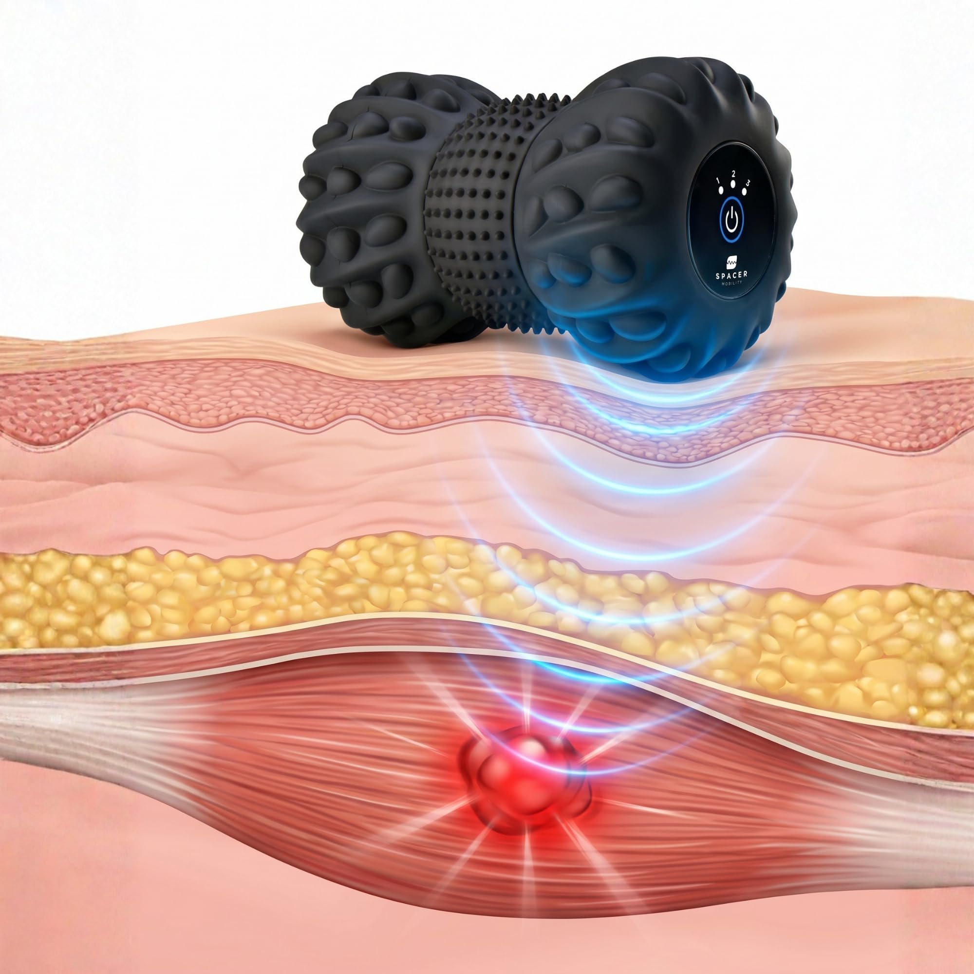 Spacer Mobility Rockpoint Vibrierendes Tiefengewebe-Massagegerät mit 4 Modi, Dual-Textur-Oberfläche für Füße, Plantarfasziitis und Ganzkörpermassage, kabellos, wiederaufladbar, elektrisch, Blau