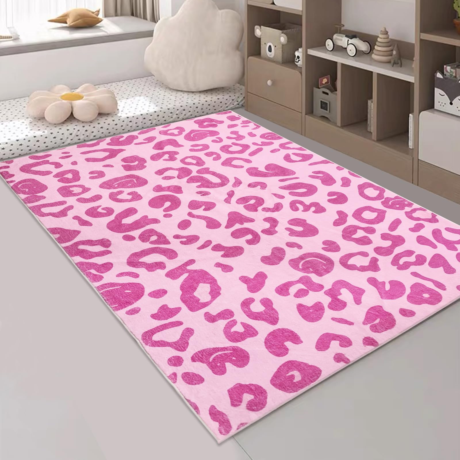 Tapis moelleux imprimé léopard rose USTIDE 120x180 cm pour chambre fille
