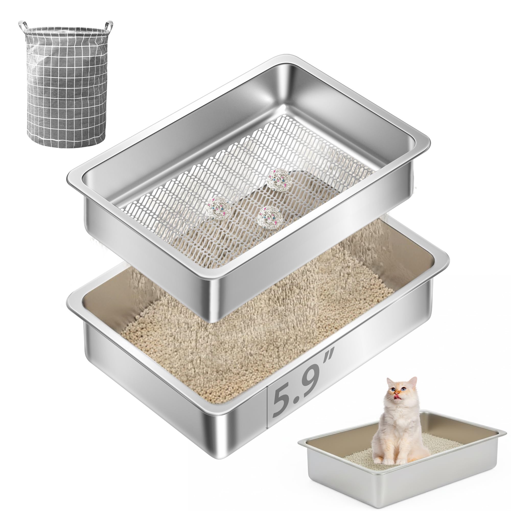 Teheao Stainless Steel Sifting Cat Litter Box for Clumping Litter, Kitty Large Metal Sifter Tray Pan with Cat Litter Bag, Low Dust, Odor Control, Easy Cleaning (15.7"*11.8"*5.9")