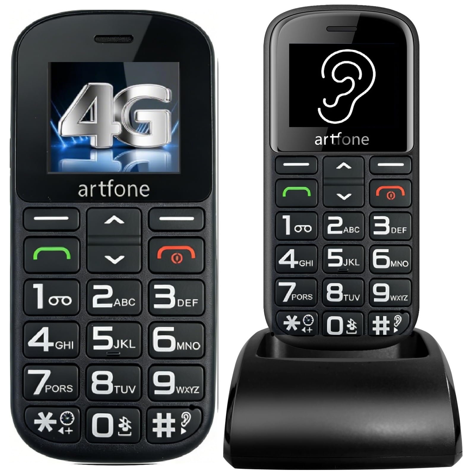 artfone CS188 Nero - 4G Telefono Cellulare per Anziani con Tasti Grandi丨Funzione SOS丨Chiamata Rapida丨Base di Ricarica丨Funzione di orario丨Batteria da 1800 mAh丨Apparecchio Acustico丨FM Radio丨Torcia丨USB-C