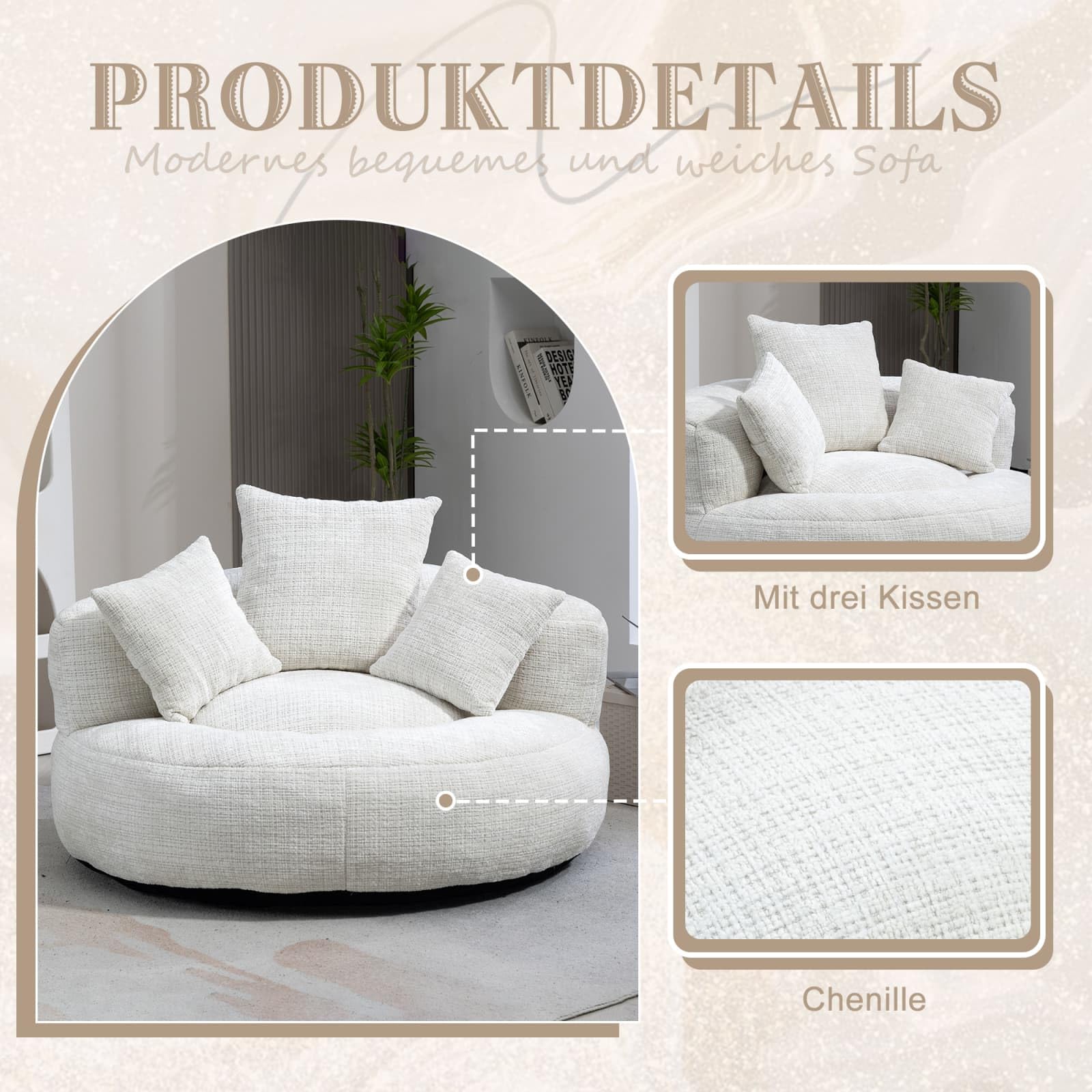 KOMHTOM Gros Pouf Canapé, Pouf Fauteuil Canapé pour Les Paresseux, avec 3 Coussins, sans Installation, Idéal pour Chambre, Salon ou cinéma Maison (Beige-Chenille)