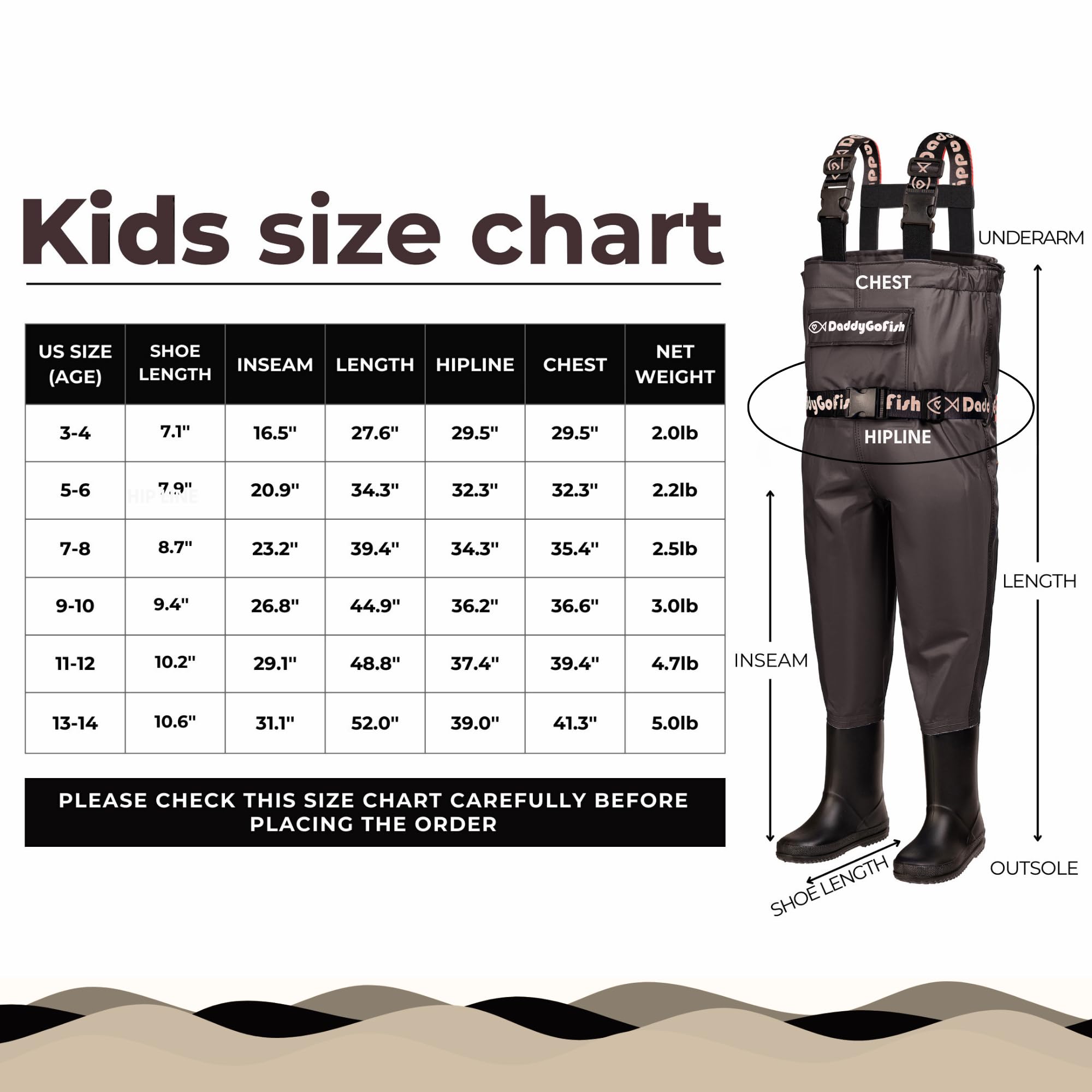 DaddyGoFish Waders bambini e adulti, trampolieri da pesca e da caccia con tasca e gancio per trampolieri