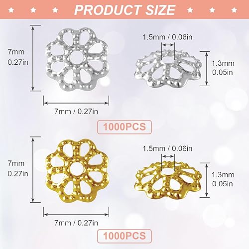 Miniatura 3 de ANCIRS 2000 cuentas espaciadoras de 0.276 in para hacer joyas, tapas de cuentas de flores de acero inoxidable para collar de pulsera, dorado y